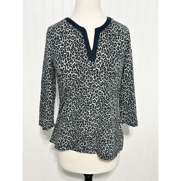Charter Club Women's Leopard Print Split Neck‎ 3/4 Sleeve Top Black Size Large - Picture 1 of 10